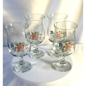 Set of 4 Floral Stemmed Wine Glasses 6.5" Cottage Vintage Style Goblets